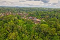 Lanskap pedesaan hijau di kaki pegunungan Nusantara yang menyajikan pemandangan asri serta udara segar bagi para pelancong yang mencari ketenangan dari hiruk-pikuk perkotaan.