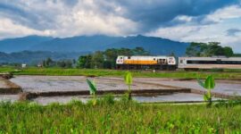 Penumpang menikmati pemandangan perbukitan hijau dari dalam gerbong kereta panorama yang melintasi jalur pegunungan di Pulau Jawa.
