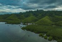 Pemandangan lanskap perbukitan hijau dan perumahan adat khas Sumba di Nusa Tenggara Timur yang menyajikan ketenangan alam pedalaman bagi para penjelajah.