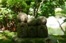 Taman lumut ikonik di Kuil Sanzen-in, Desa Ohara, Kyoto, menyajikan suasana tenang dengan patung batu Jizo yang tersebar di antara pepohonan cedar rindang.