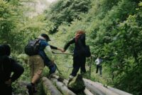 Seorang penjelajah menikmati pemandangan hamparan perbukitan hijau dan lembah berbuai kabut tipis saat menikmati keheningan pagi di kawasan dataran tinggi Nusantara.