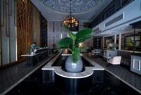 Suasana lobi hotel klasik dengan arsitektur megah yang menggambarkan kemewahan akomodasi kelas atas pada era keemasan awal abad ke-20.