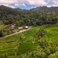 Pemandangan pedesaan tradisional di Sumba dengan latar belakang perbukitan hijau dan rumah adat beratap tinggi yang menawarkan suasana tenang bagi para pelancong.